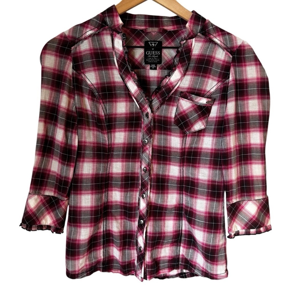 Guess Western Plaid Y2K Style Sheer Button Down Ruffled Blouse Red Black Sz XS